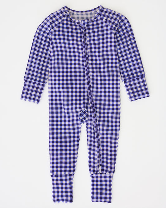 Bamboo Baby Pajama in Blue Gingham on a beige background