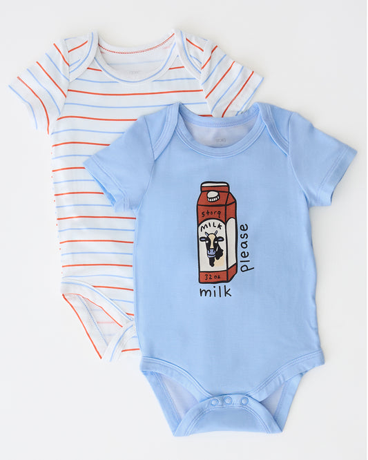 Baby Onesie Two-Pack in Milk Please on a beige background