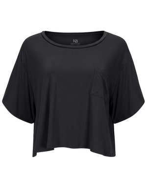 Aria Bamboo Casual Cropped Short Sleeve Top in Black on a white background