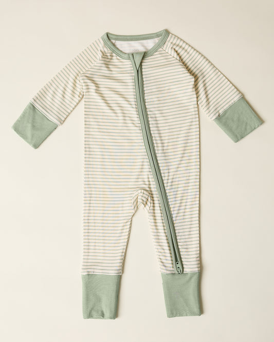 Bamboo Baby Pajama with sage candy stripe pattern on a beige background