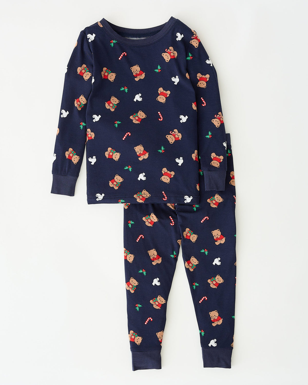 The Bamboo Baby Two-Piece Pajama Set in Bearing Gifts on an off white background.