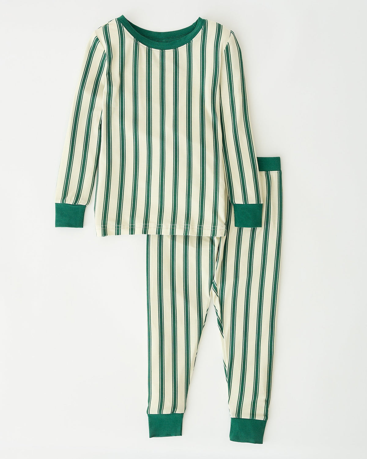 Bamboo Baby Two-Piece Pajama Set in Green Candy Stripe on an off white background.