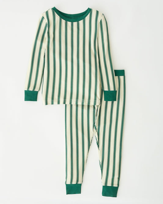 Bamboo Baby Two-Piece Pajama Set in Green Candy Stripe on an off white background.