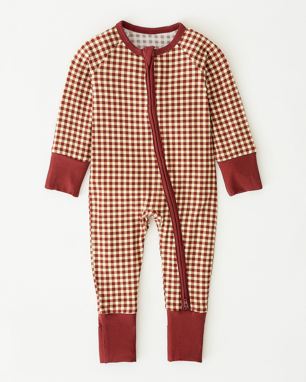 Bamboo Baby Pajama in Auburn Gingham on an off white background.