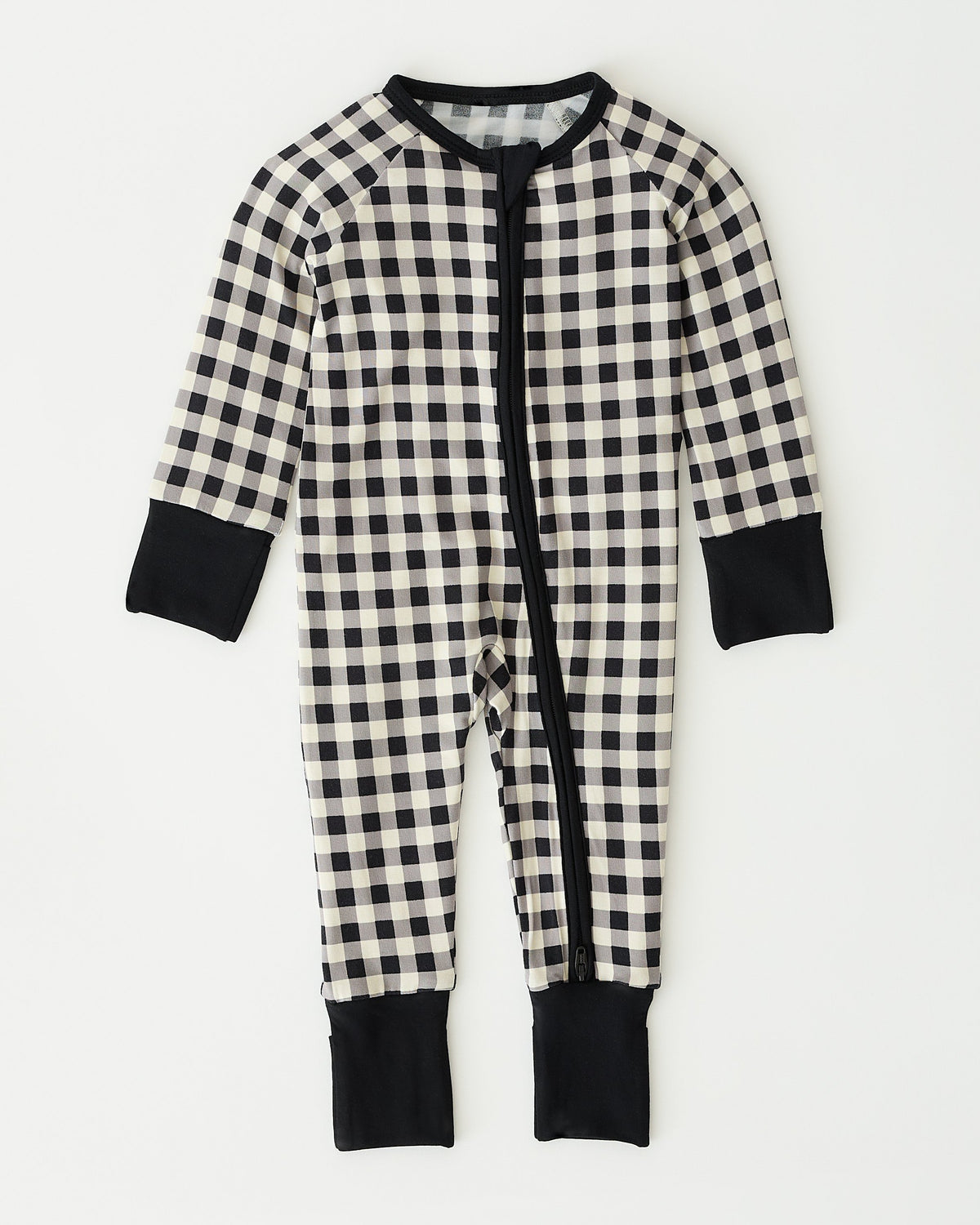 Bamboo Baby Pajama in Black Gingham on an off white background.
