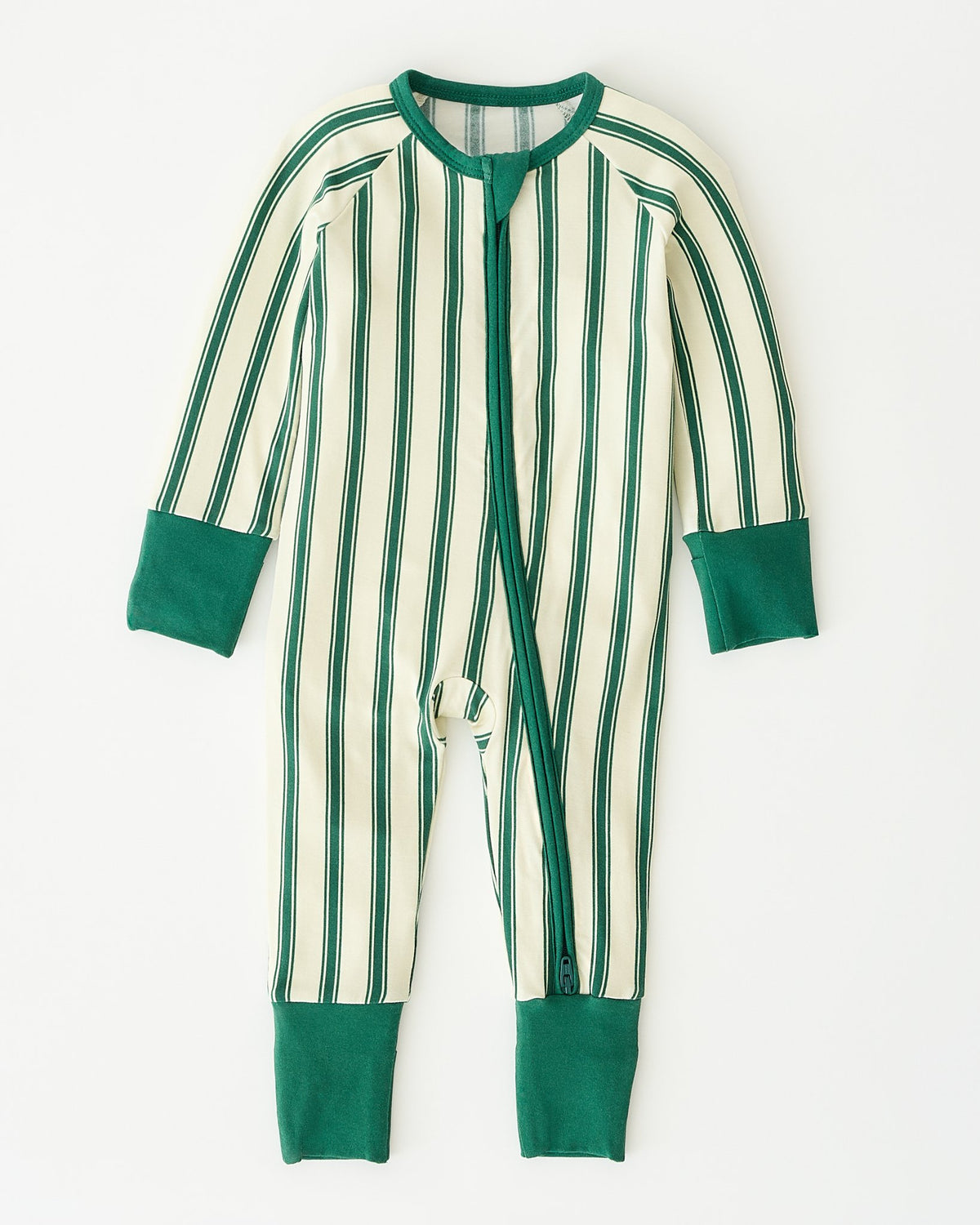 Bamboo Baby Pajama in Green Candy Stripe on an off white background.