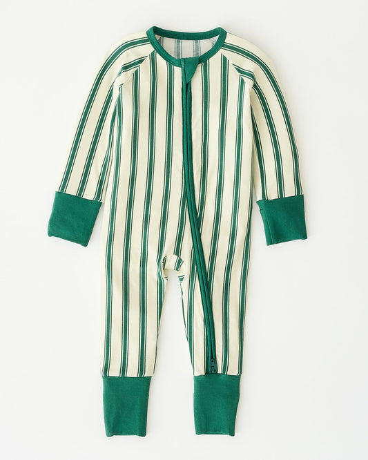 Bamboo Baby Pajama in Green Candy Stripe on an off white background.
