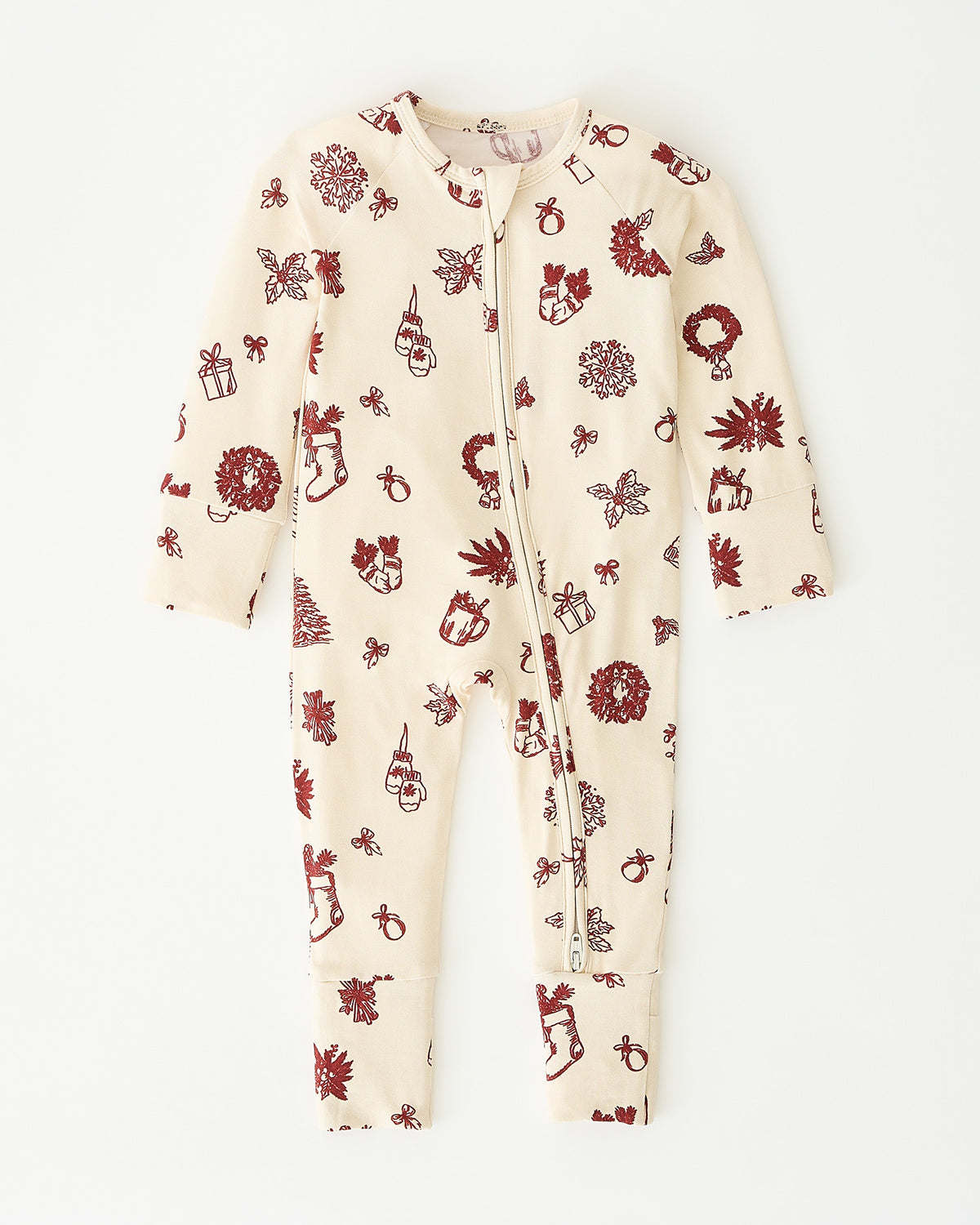 Bamboo Baby Pajama in Cozy Day pattern, on an off white background.