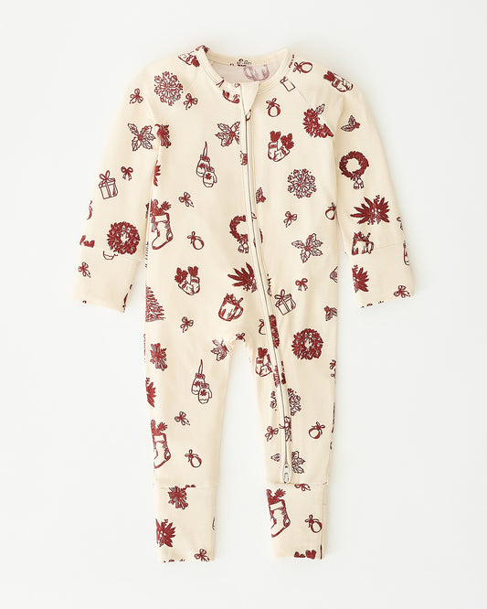 Bamboo Baby Pajama in Cozy Day pattern, on an off white background.