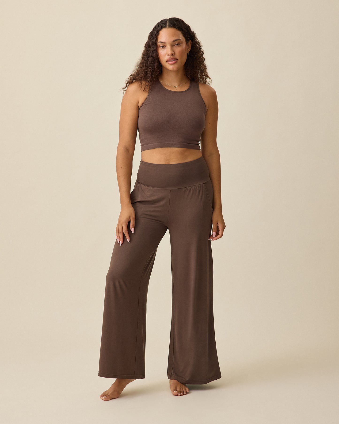 Bamboo Wide Leg Maternity & Postpartum Lounge Pant in Chocolate paired with Sublime® Bamboo Maternity & Nursing Longline Bra Top in Chocolate on a beige background