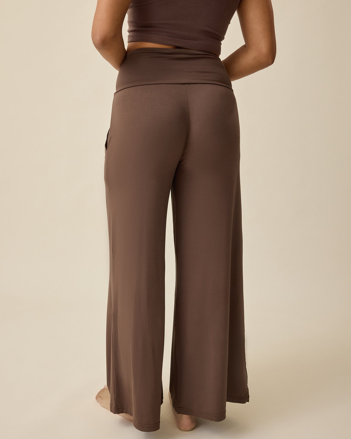 Bamboo Wide Leg Maternity & Postpartum Lounge Pant in Chocolate on a beige background