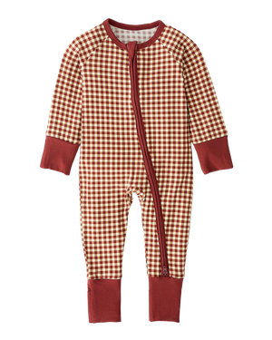 Bamboo Baby Pajama in Auburn Gingham on a white background.