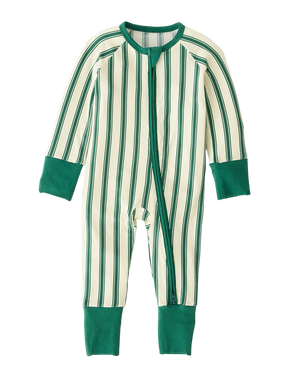 Bamboo Baby Pajama in Green Candy Stripe on a white background.