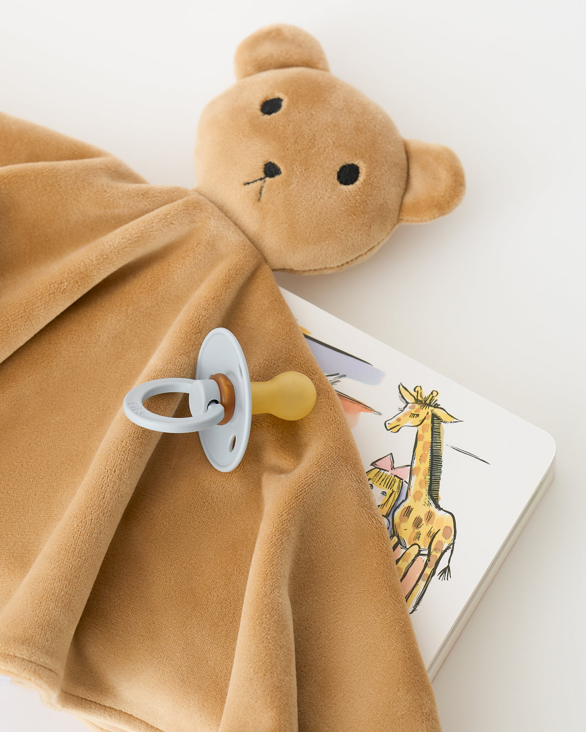 Pacifier, board book and Brown Bear Cuddle Buddy Lovey, on an off white background.