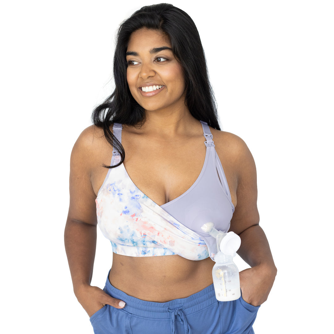 Model wearing the BFF Hands-Free Pumping & Nursing Bra connected to a pump.