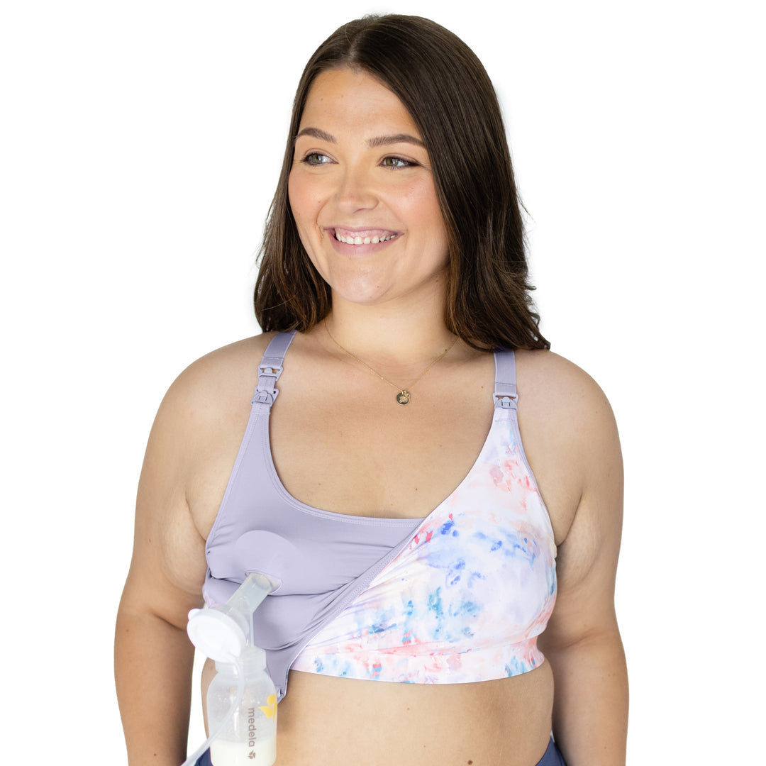 Front view of a model wearing the BFF Hands-Free Pumping & Nursing Bra