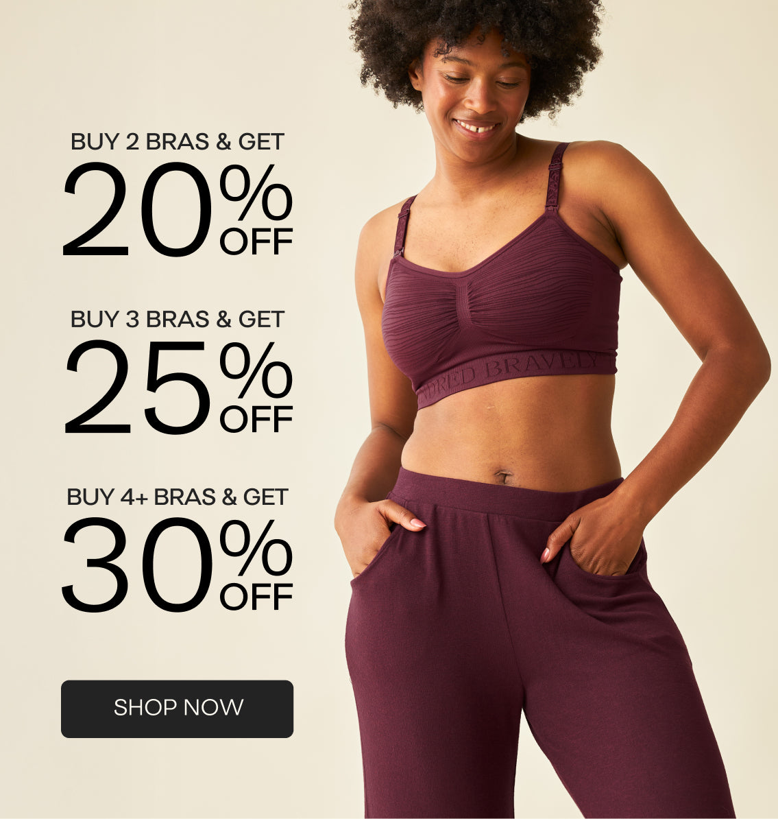 Woman wearing the Sublime® Hands-Free Pumping & Nursing Bra in Deep Burgundy, with promotional text: Buy 2 Bras & Get 20% Off, Buy 3 Bras & Get 25% Off, Buy 4+ Bras & Get 30% Off - Shop Now