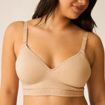 Beige Signature Sublime Contour Pumping & Nursing Bra worn by a model on a plain background