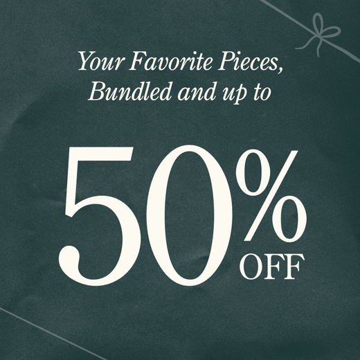 Promotional text 'Your Favorite Pieces, Bundles and up to 50% off' on a dark green background with a decorative bow.