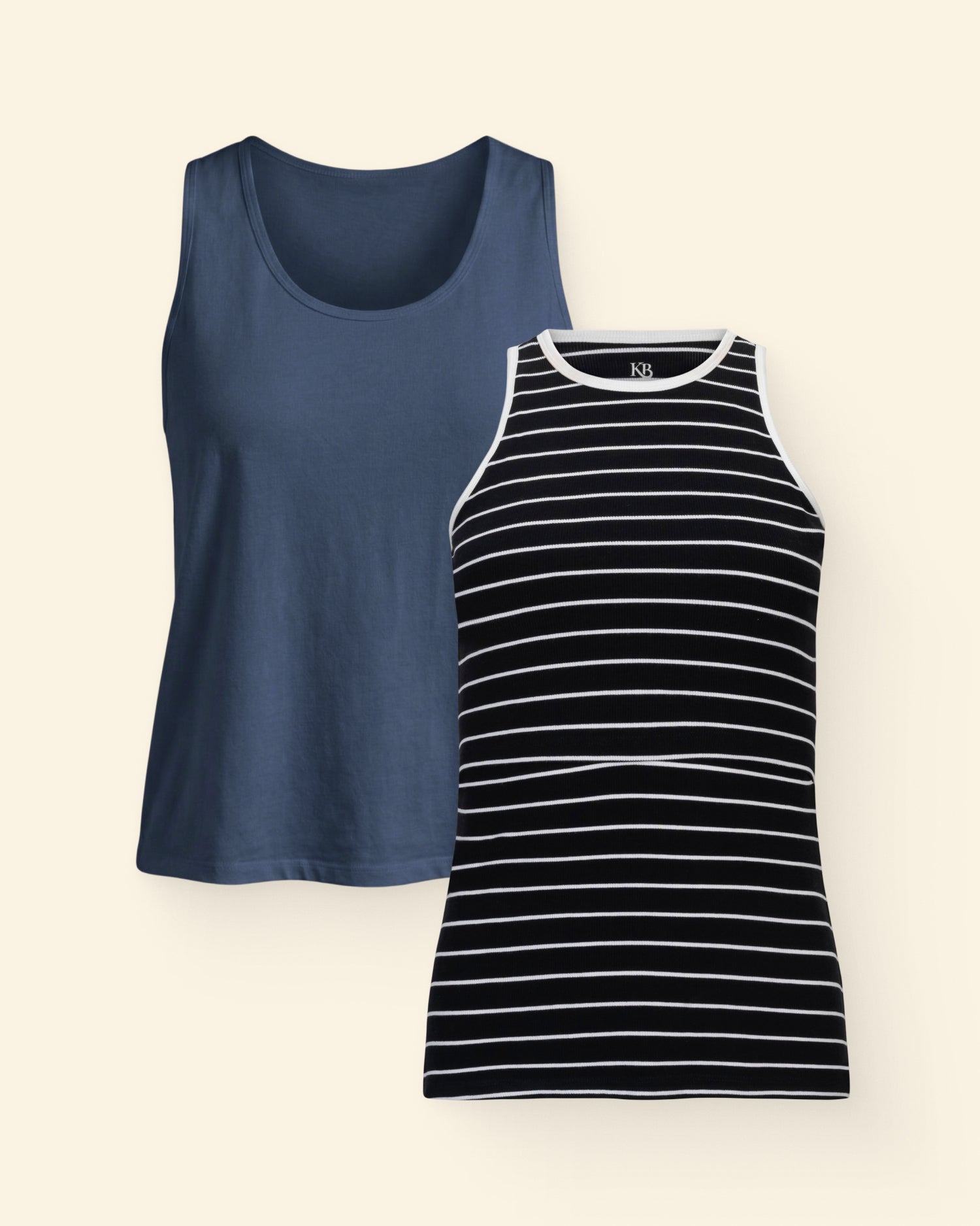 Modal Signature Nursing Tank in Midnight Blue and a Ribbed Bamboo Racerback Nursing Tank in Black & White Stripe paired in the Build Your Own Nursing Tank Bundle on a beige background.