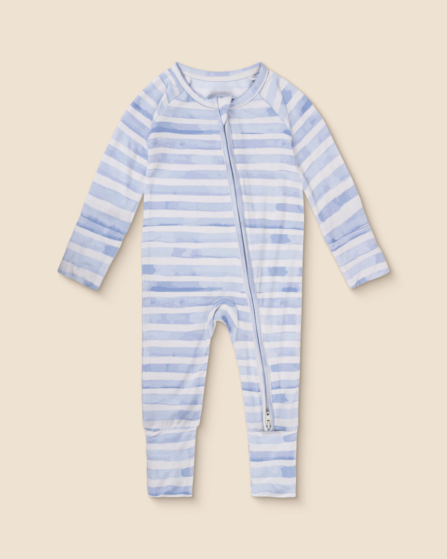 Blue and white striped Bamboo Baby Pajama  in blue watercolor on a beige background