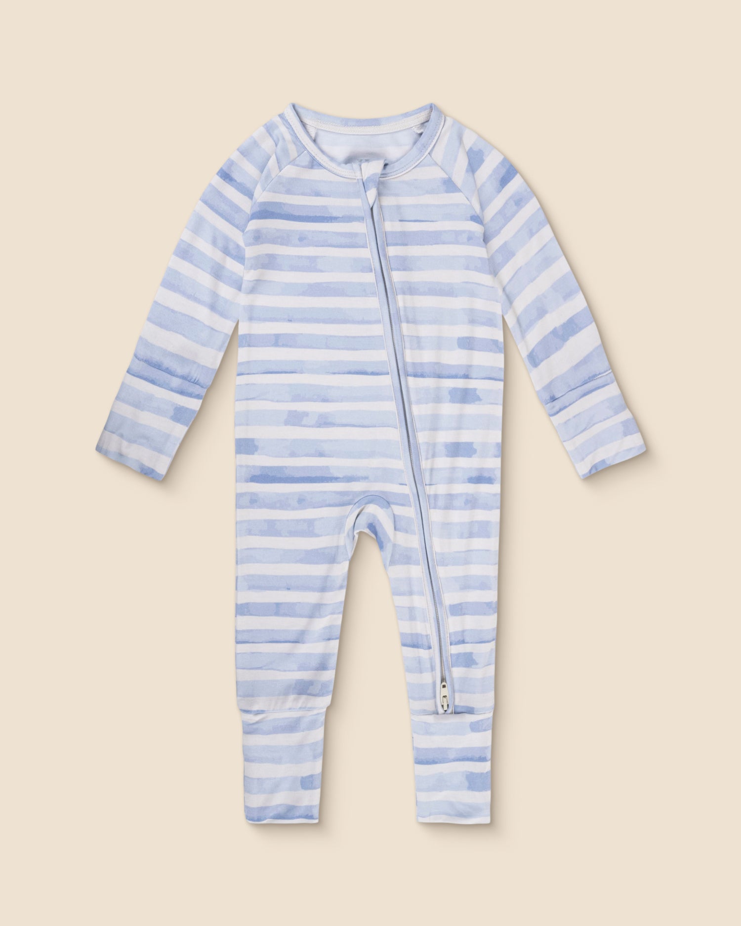 Blue and white striped Bamboo Baby Pajama  in blue watercolor on a beige background