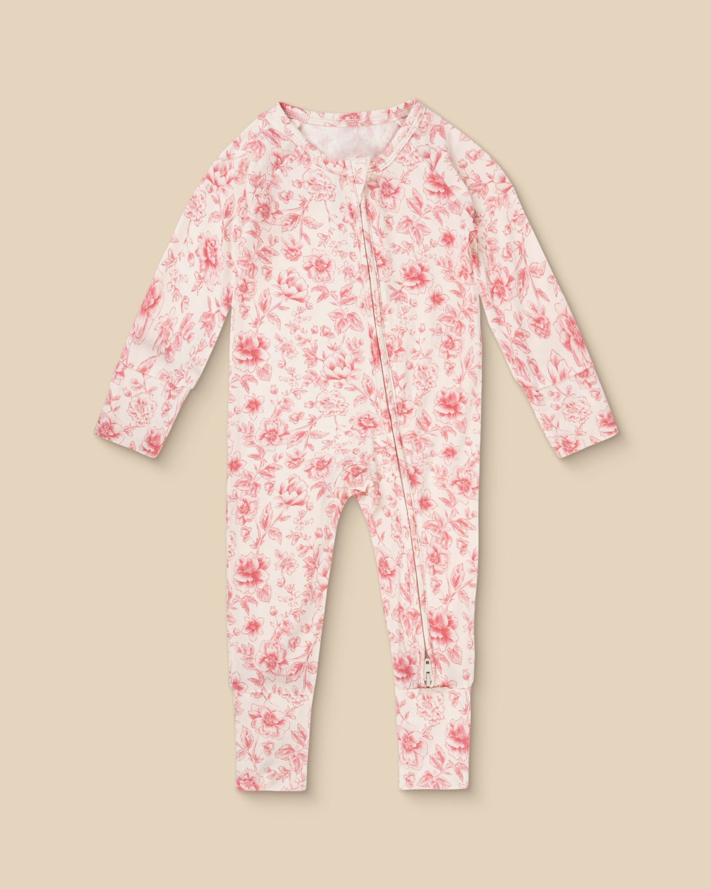 Bamboo Baby Pajama in pink toile on beige background