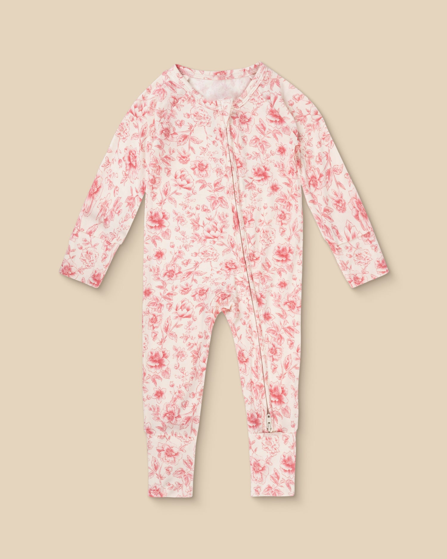 Bamboo Baby Pajama in pink toile on beige background