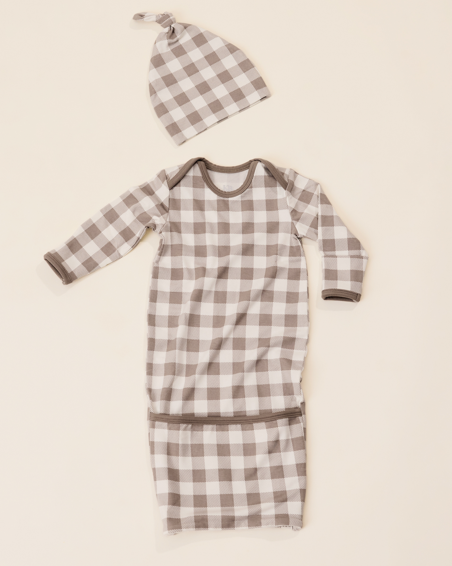 The Cozy Bamboo Baby Gown & Hat in Taupe Gingham checkered fabric