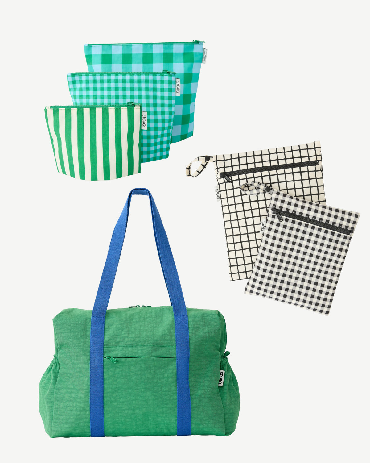 Zipper Pouch Three-Piece Set in Teal Gingham, Wet/Dry Bag Set in Black Grid and Large Weekender Bag in Green on an off white background.