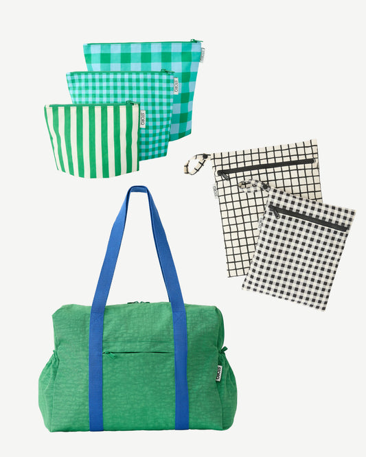 Zipper Pouch Three-Piece Set in Teal Gingham, Wet/Dry Bag Set in Black Grid and Large Weekender Bag in Green on an off white background.