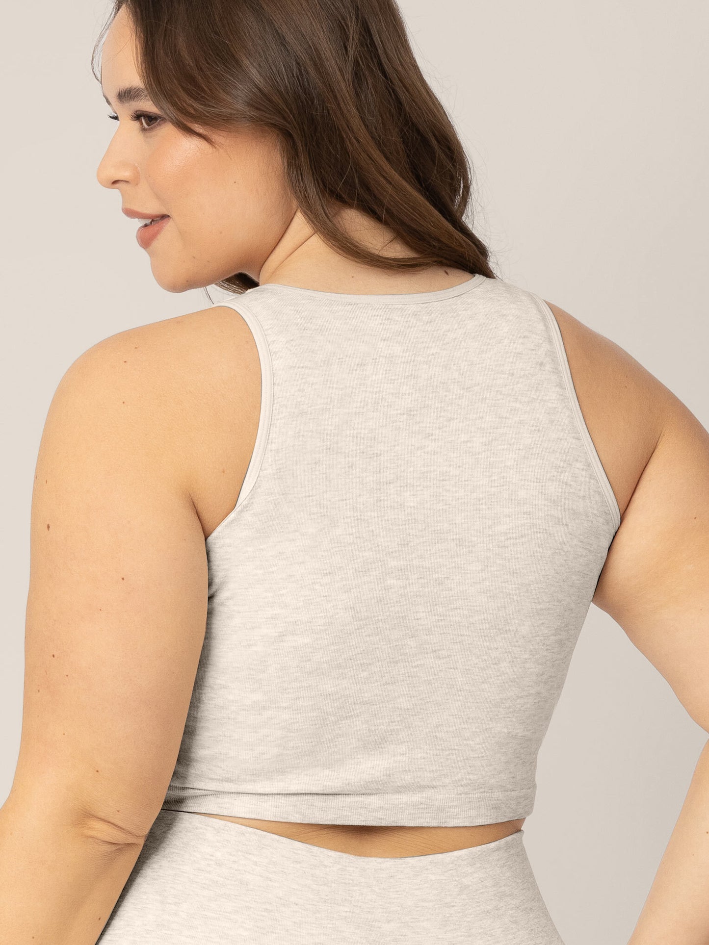 Back view of Model wearing the Sublime Bamboo Maternity & Nursing Longline Bra in Oatmeal Heather.