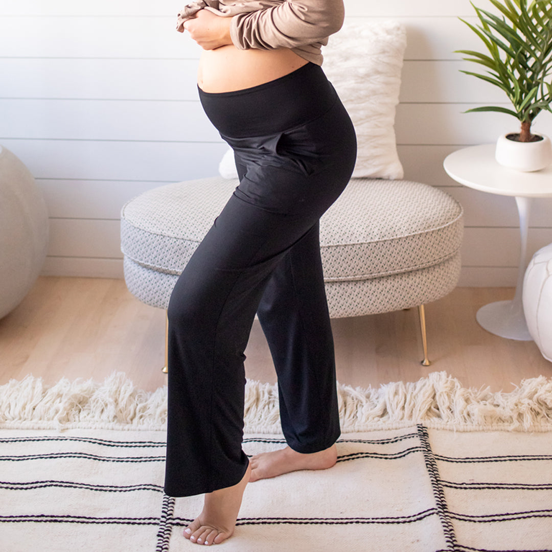 Model wearing the Bamboo Maternity & Postpartum Lounge Pant in Black against a comfortable background/