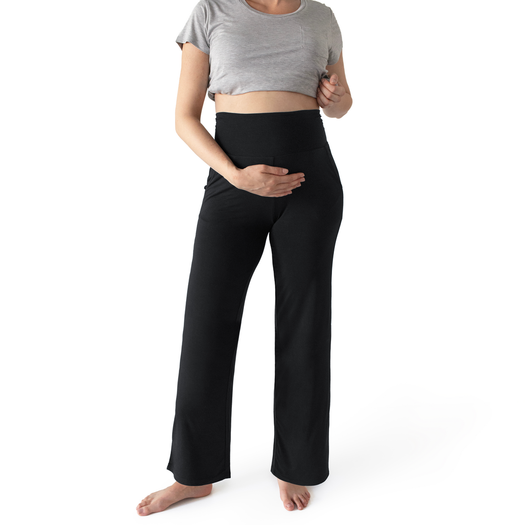 Pregnant model front view wearing the Bamboo Maternity & Postpartum Lounge Pant in Black