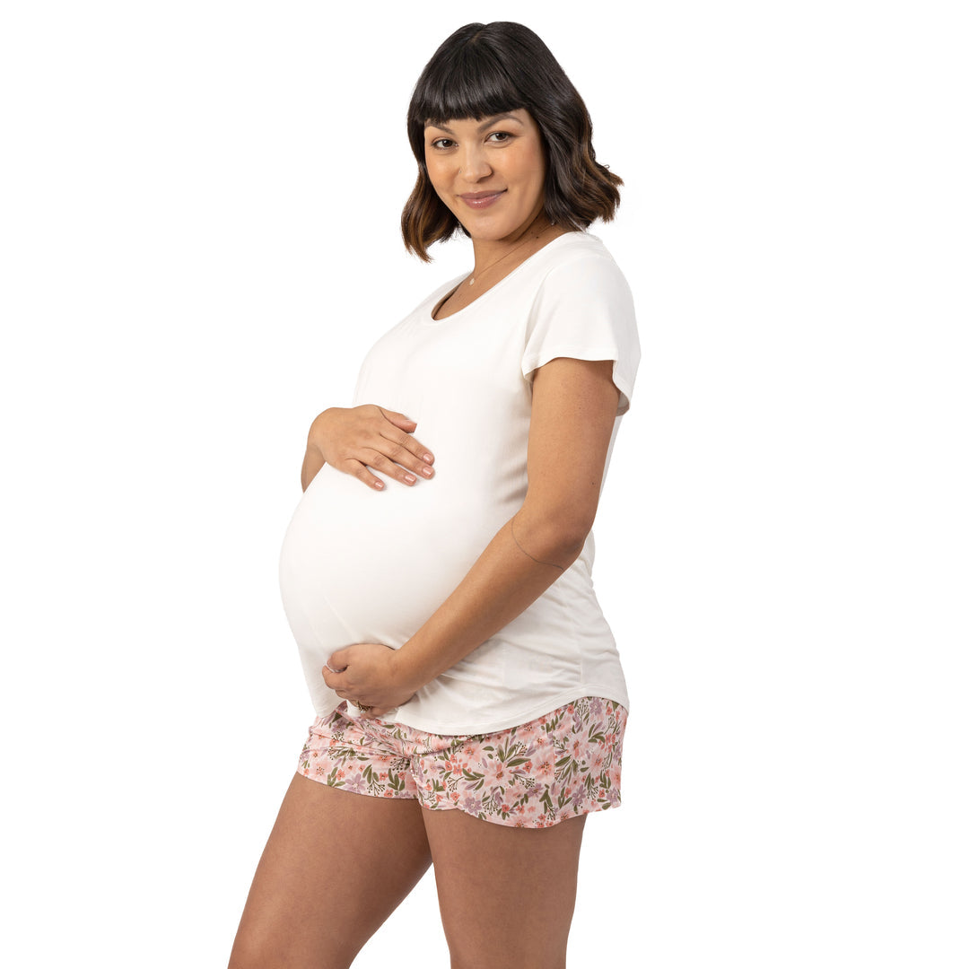 Pregnant model wearing the Bamboo Maternity & Postpartum Lounge Short in Blush Floral