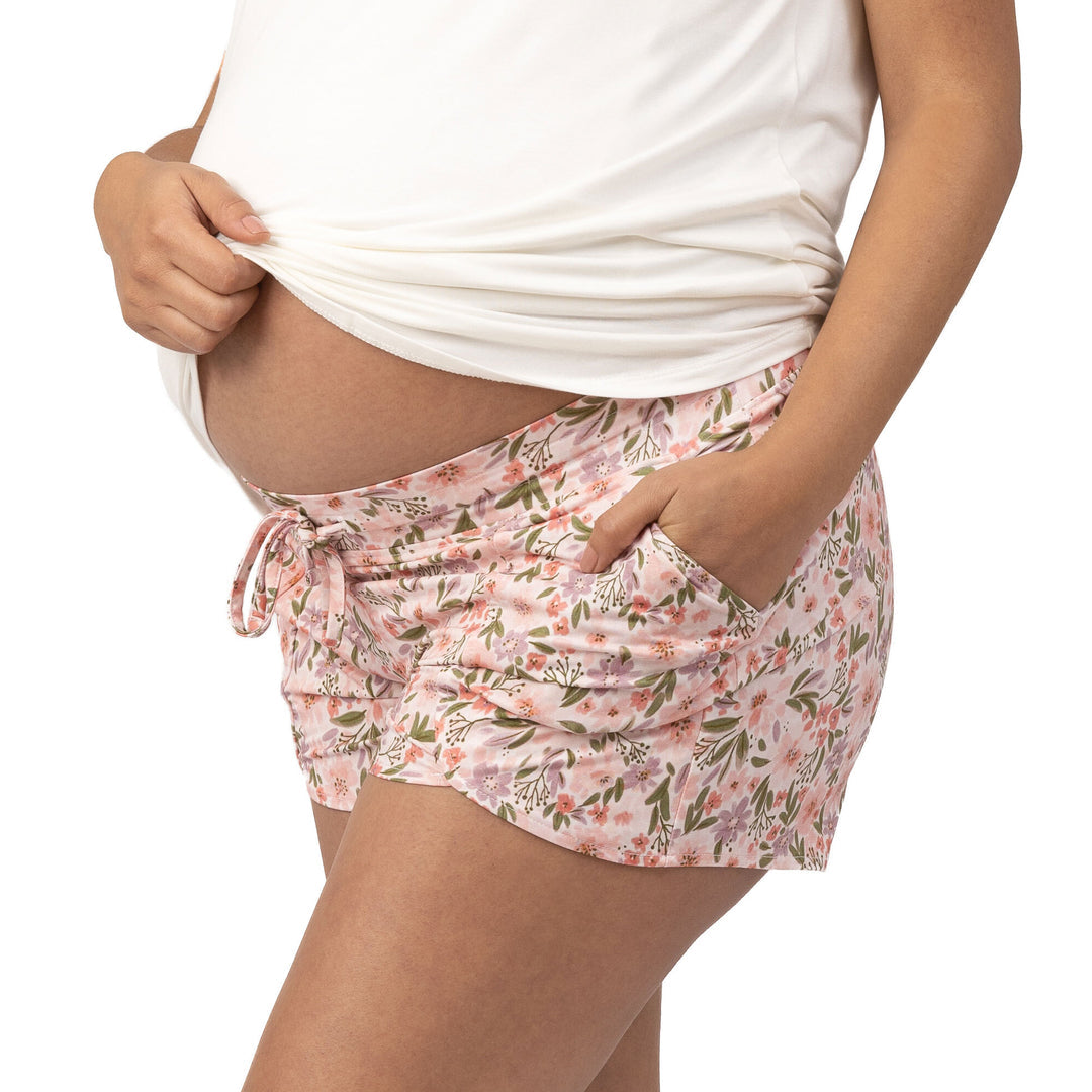 Model wearing the Bamboo Maternity & Postpartum Lounge Short in Blush Floral 