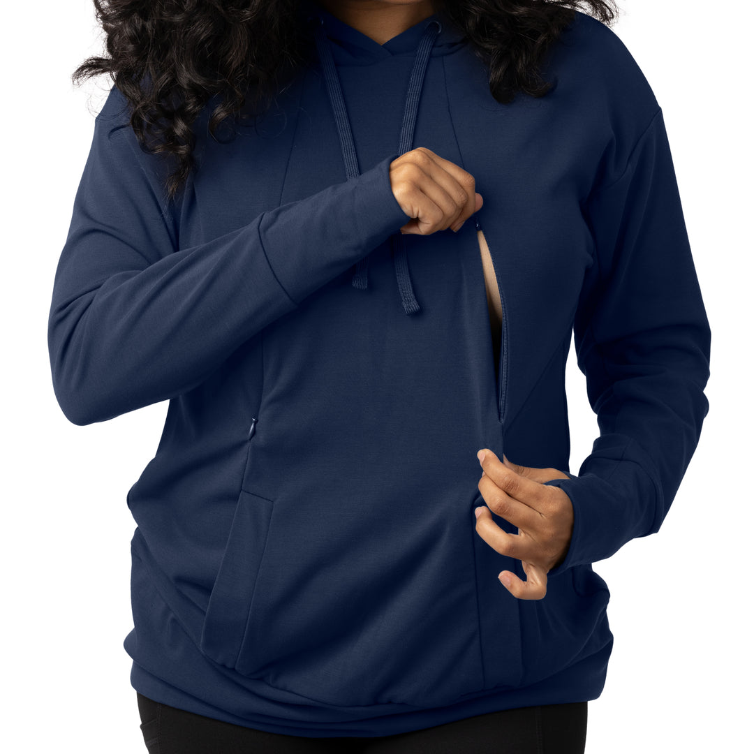 Model showing the zipper on the Bamboo Nursing Hoodie in Navy
