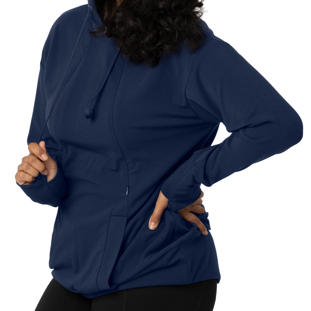 Side view of a model wearing the Bamboo Nursing Hoodie in Navy