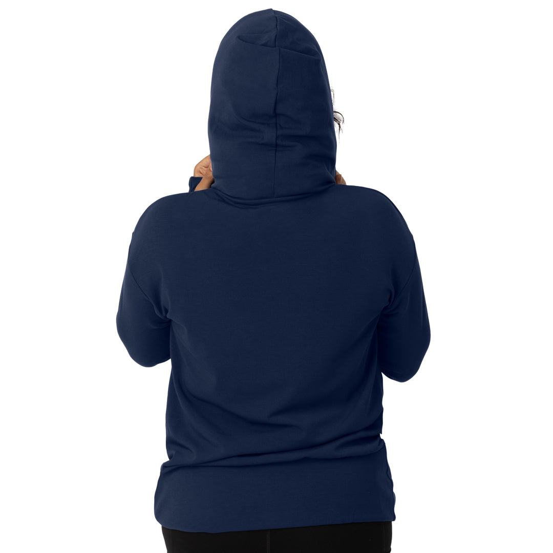Back view of a model wearing the Bamboo Nursing Hoodie in Navy