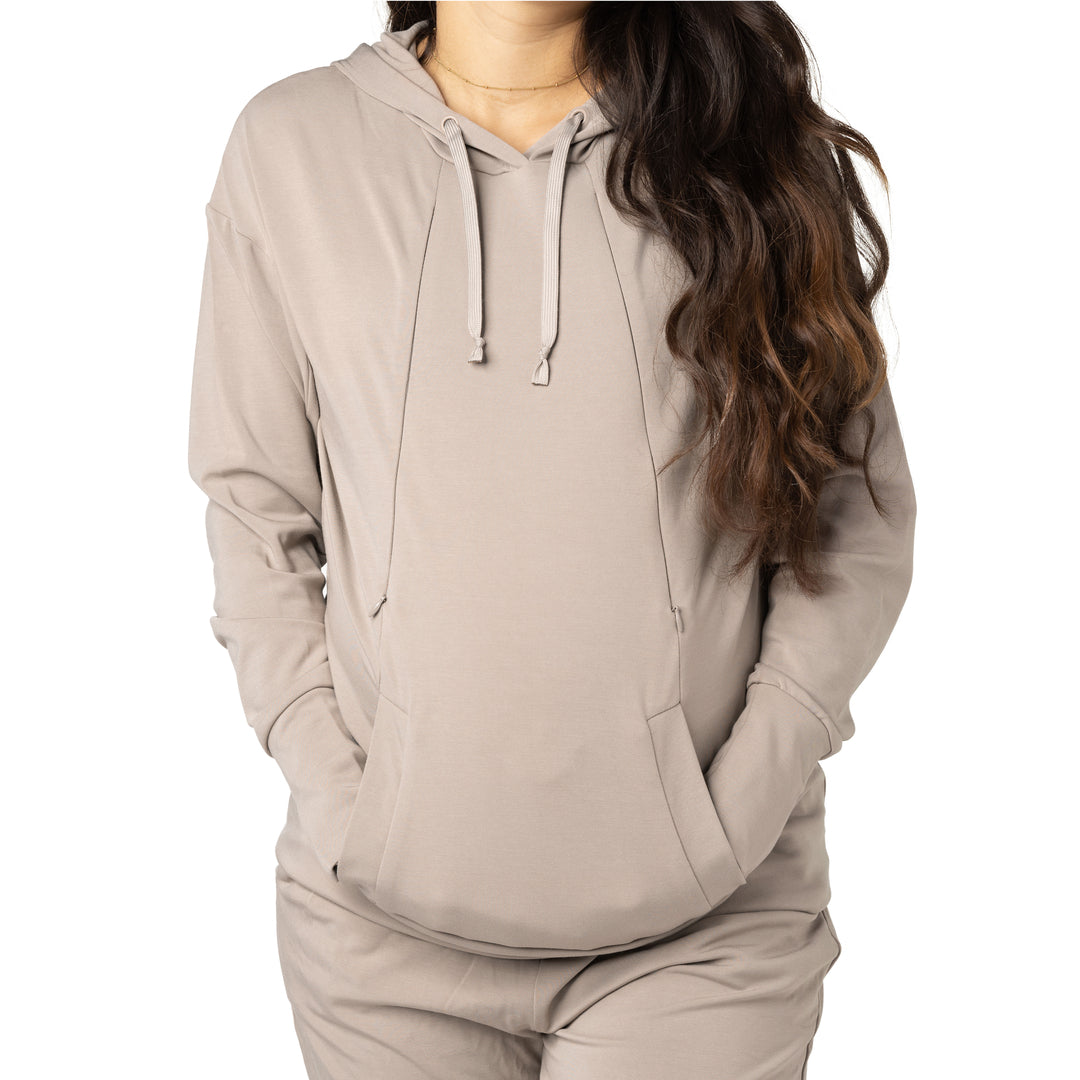 Closeup of a model wearing the Bamboo Nursing Hoodie in Stone Taupe