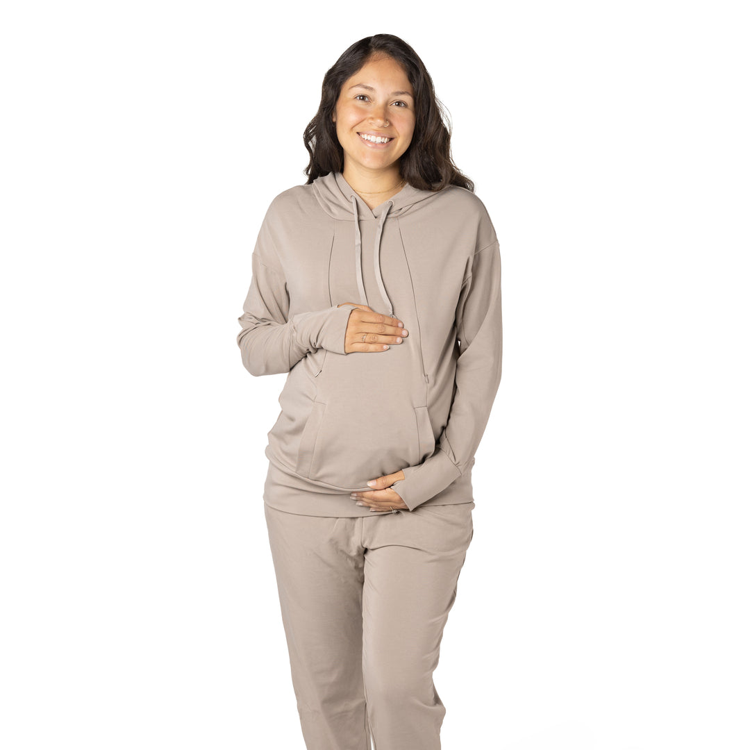 Pregnant model wearing the Bamboo Nursing Hoodie in Stone Taupe