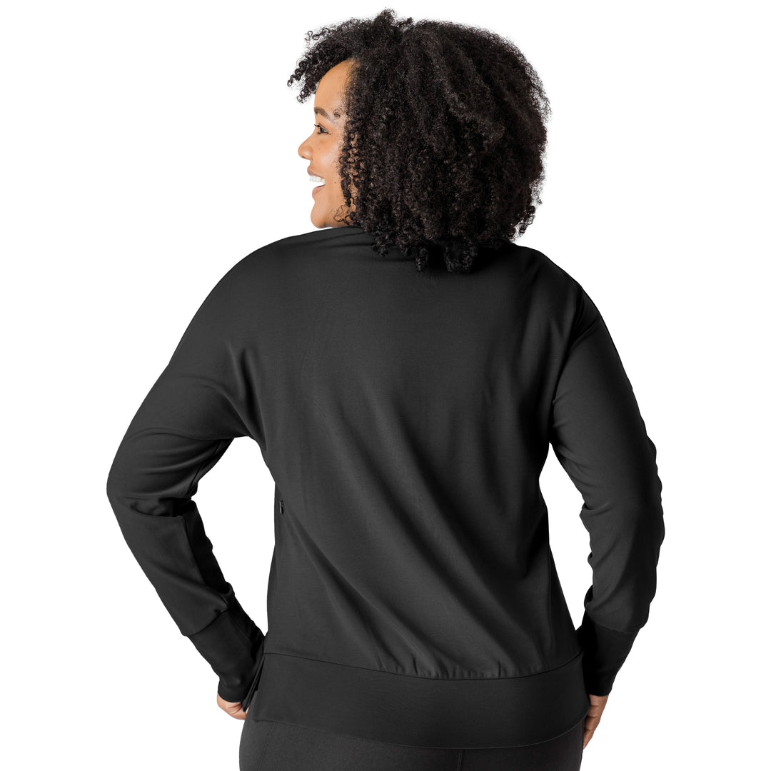 Back view of a model wearing the Bamboo Maternity & Nursing Crew Neck Sweatshirt in Black
