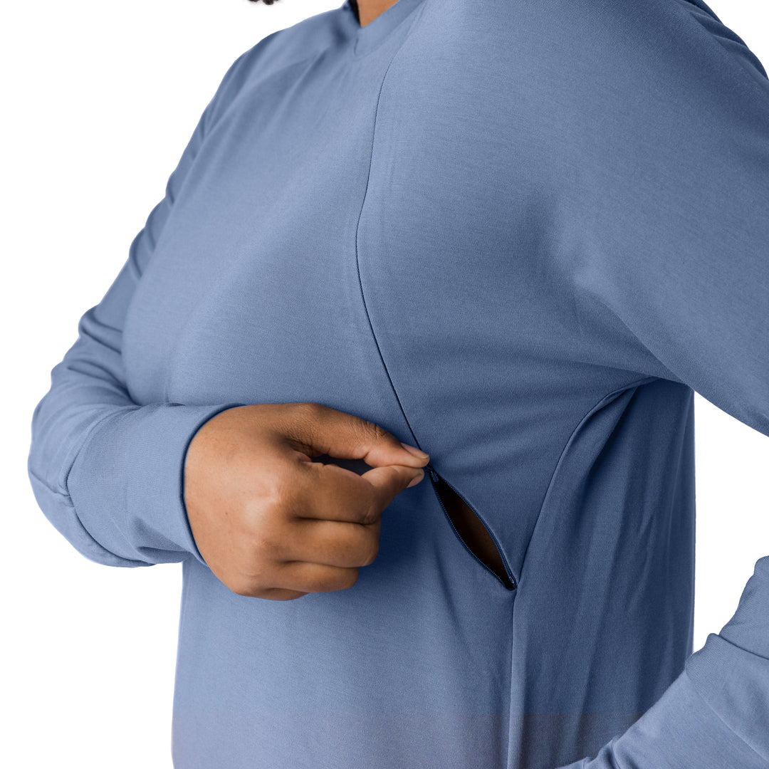 Model wearing the Bamboo Maternity & Nursing Crew Neck Sweatshirt in Slate Blue showing the zippered nursing panel.