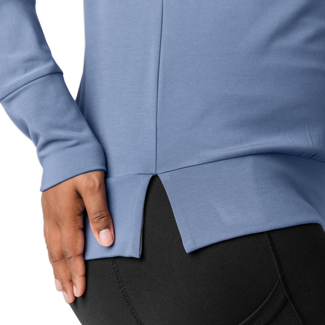 Closeup of a model wearing the Bamboo Maternity & Nursing Crew Neck Sweatshirt in Slate Blue