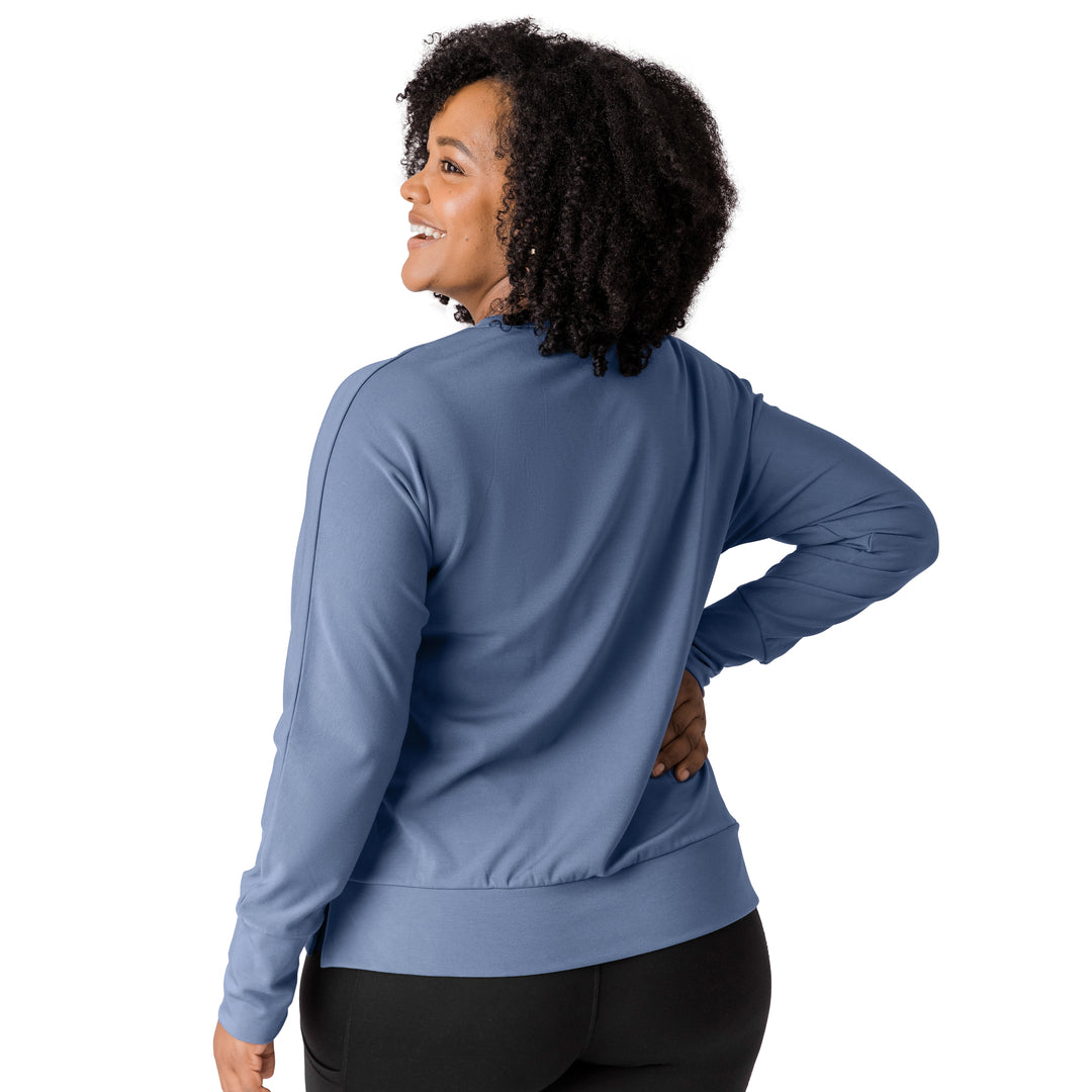 Back view of a model wearing the Bamboo Maternity & Nursing Crew Neck Sweatshirt in Slate Blue