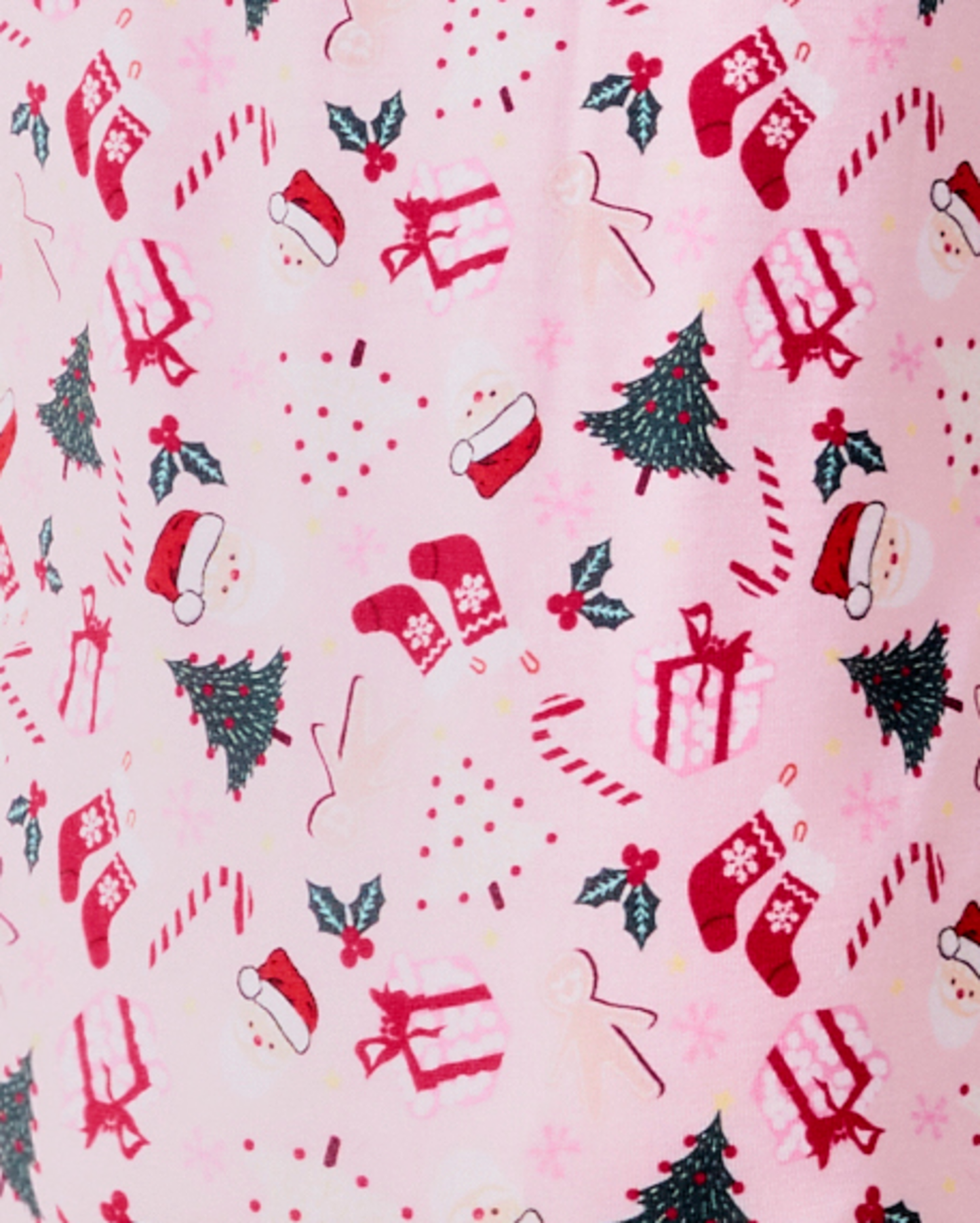 Close up of Bamboo Baby Pajama in Candy Cane Lane - pink with holiday pattern of candy canes, stockings, Christmas trees, holly and presents, with red trim