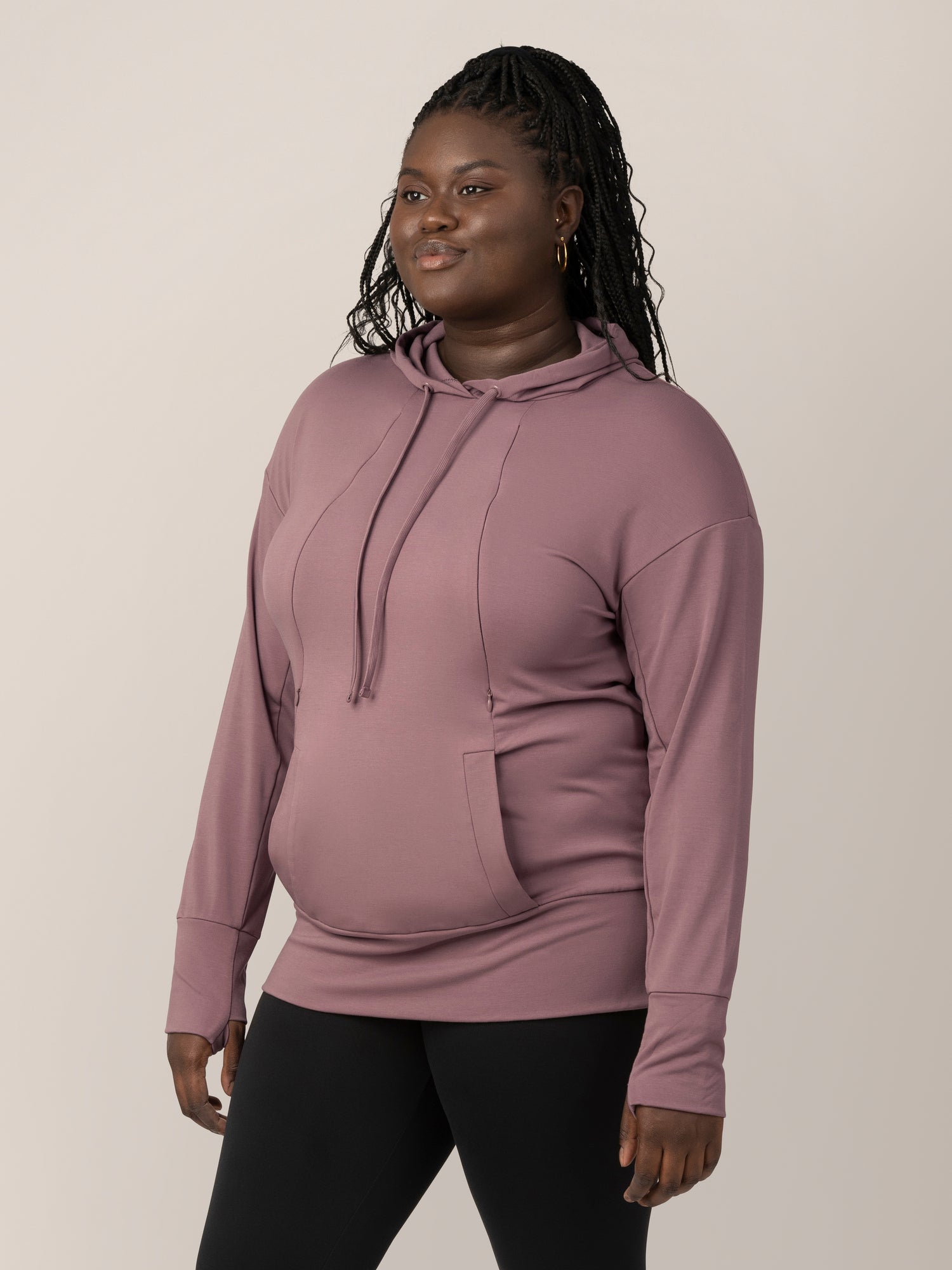 3/4 view of model wearing the Bamboo Maternity & Nursing Hoodie in Twilight.