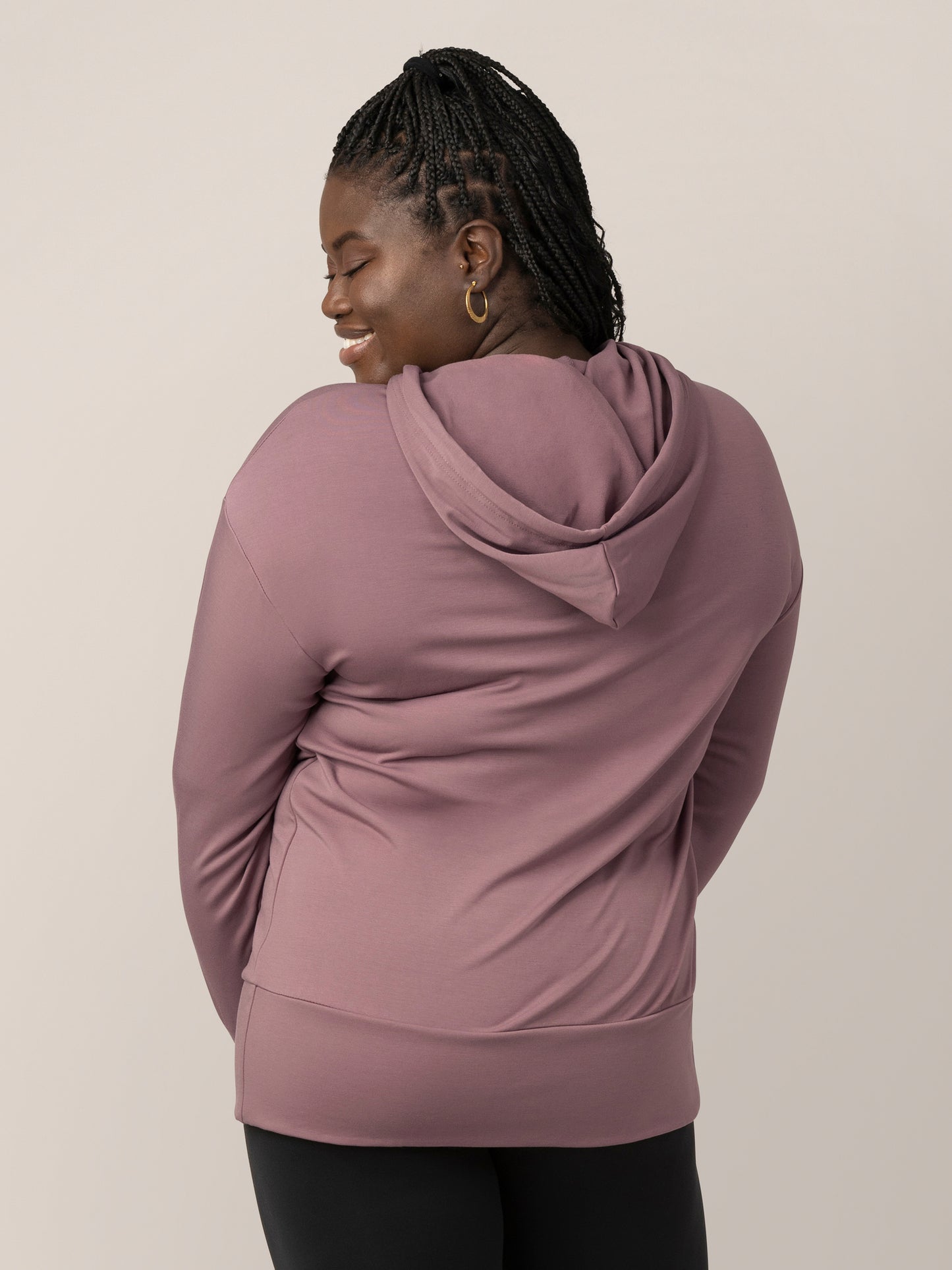 Back view of model wearing the Bamboo Maternity & Nursing Hoodie in Twilight.