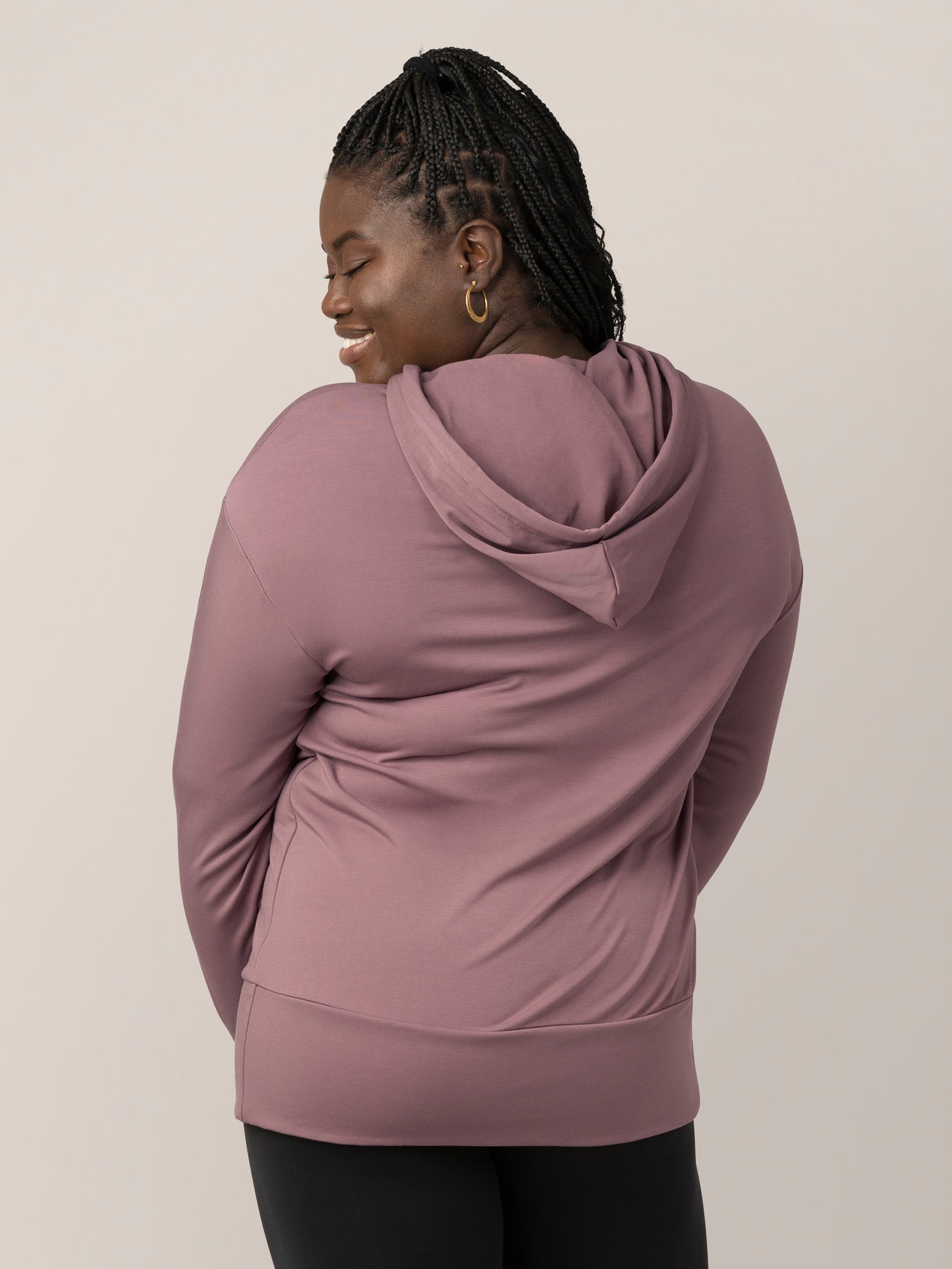 Back view of model wearing the Bamboo Maternity & Nursing Hoodie in Twilight.