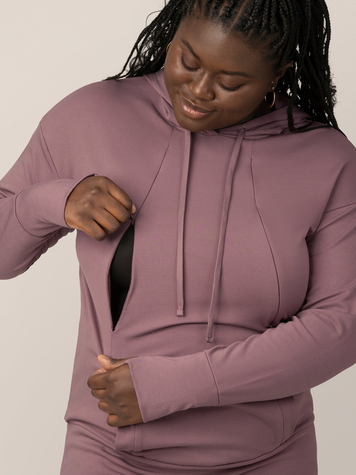 Close up front view of model wearing the Bamboo Maternity & Nursing Hoodie in Twilight, showing nursing access